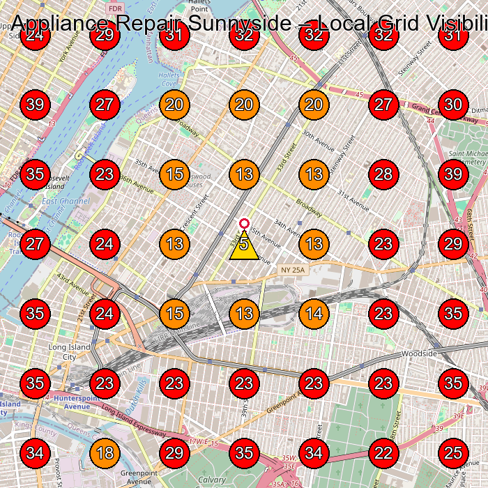 Appliance Repair Sunnyside GeoGrid visibility map for Appliance Repair Service in Long Island City